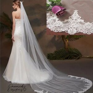 Cathedral Bridal Wedding Veil With Embroidered Floral Lace Edge and Comb